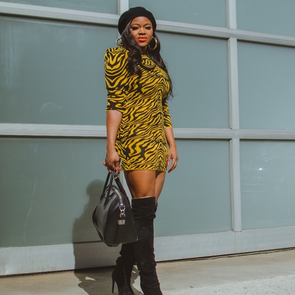 Dresses & Skirts - Yellow and Black Tiger Print Mini Sweater Dress